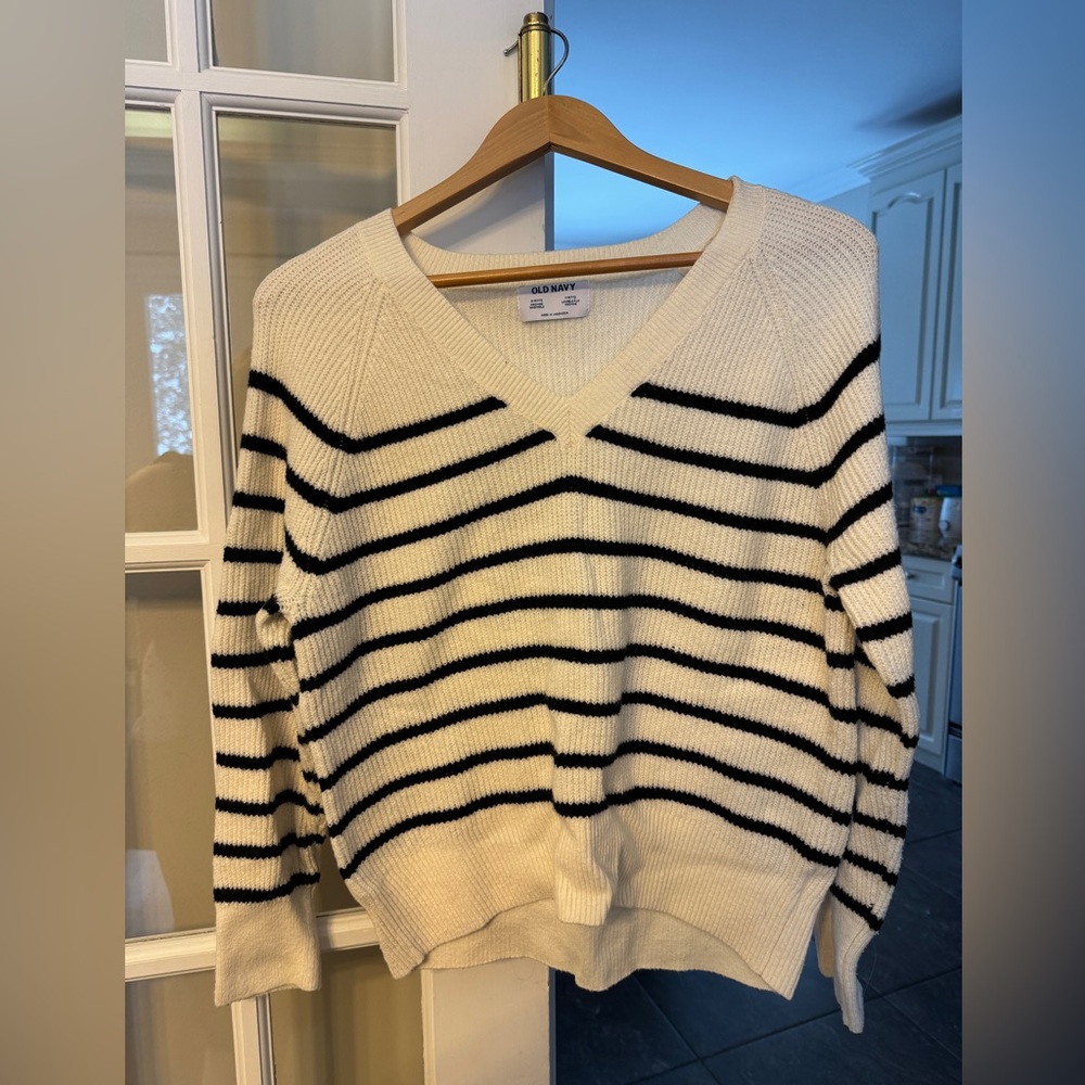 Old Navy Cream and Black Striped V-Neck Sweater